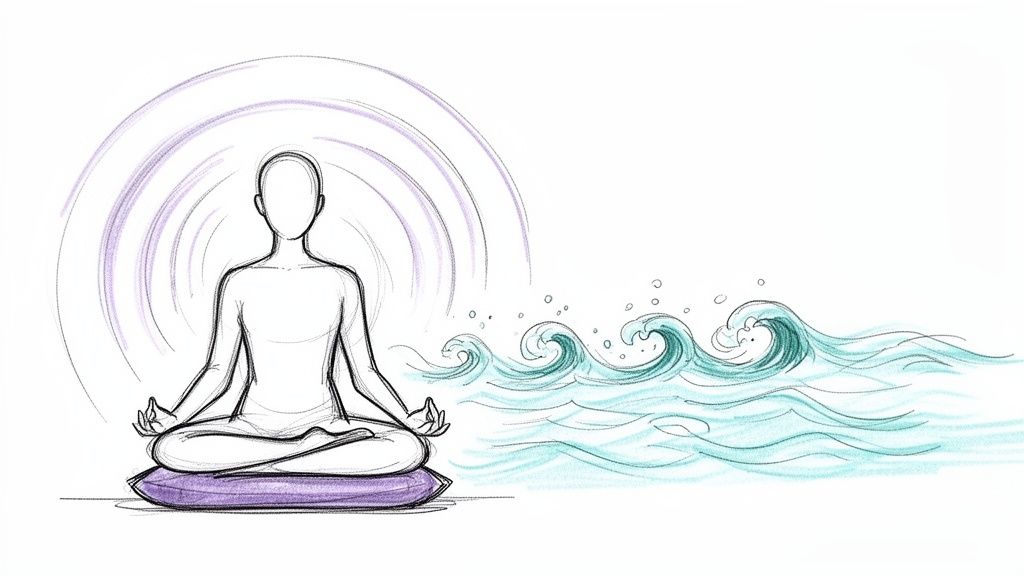 A person meditating calmly on a purple cushion, with serene aura above their head and turbulent blue waves to their side.
