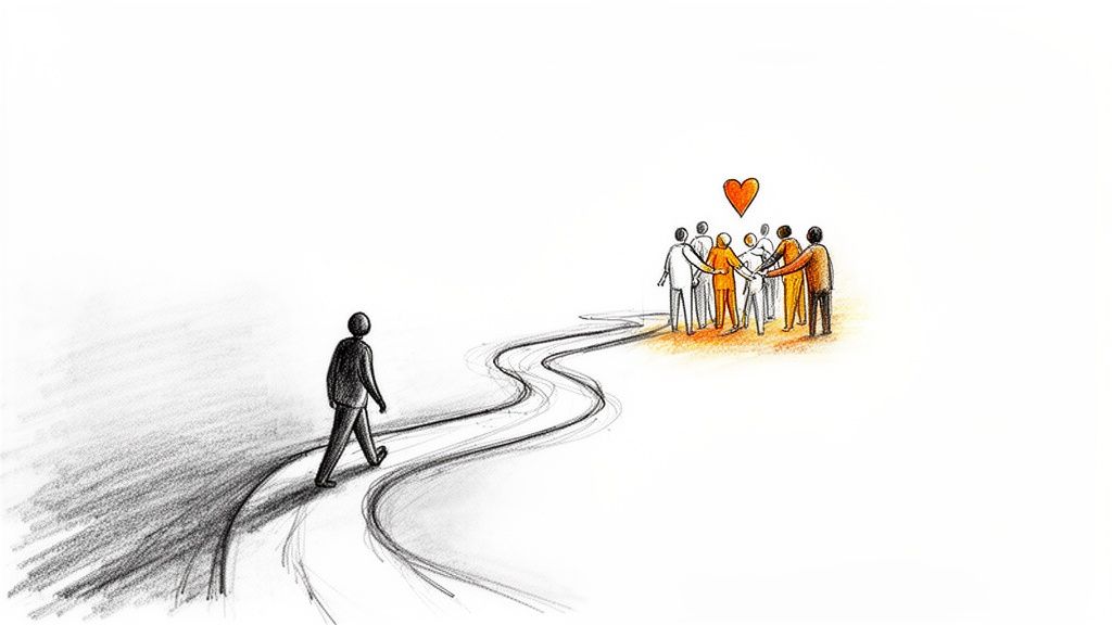 A lone person walks a winding path towards a supportive community with an orange heart symbol.