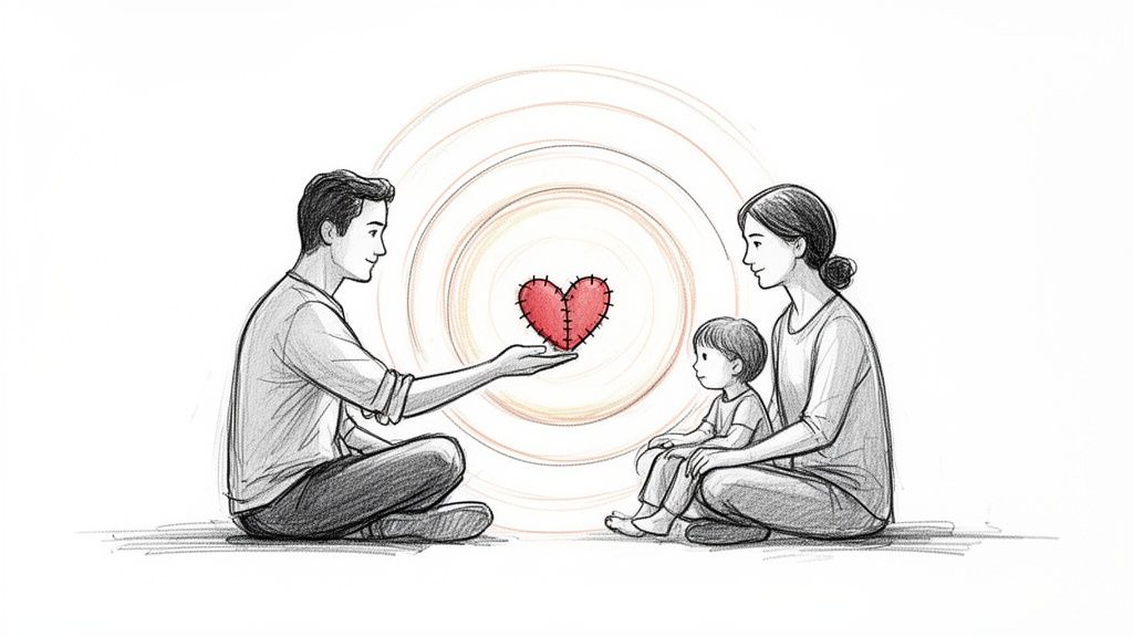 A grayscale sketch shows a man offering a stitched red heart to a woman and child, symbolizing making amends.