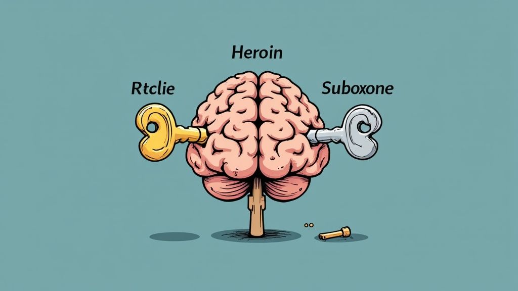 Illustration of a simplified brain receptor with a key-like molecule fitting into it, symbolizing how Suboxone works.