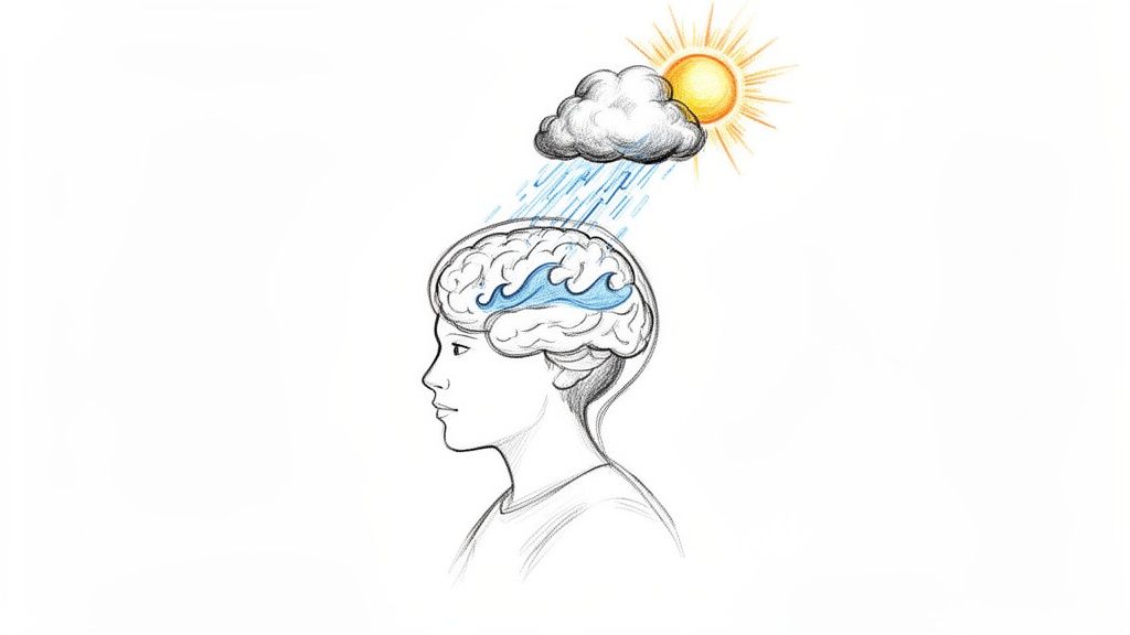 Stylized illustration of a brain with internal waves, external rain, and sun, symbolizing mental processes.