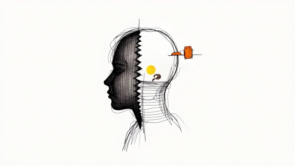 Abstract drawing of a human head, split by a jagged line, showing dark thoughts and symbols.