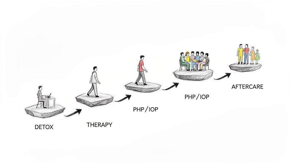 Illustration showing five progressive stages of addiction recovery: detox, therapy, PHP/IOP, and aftercare.