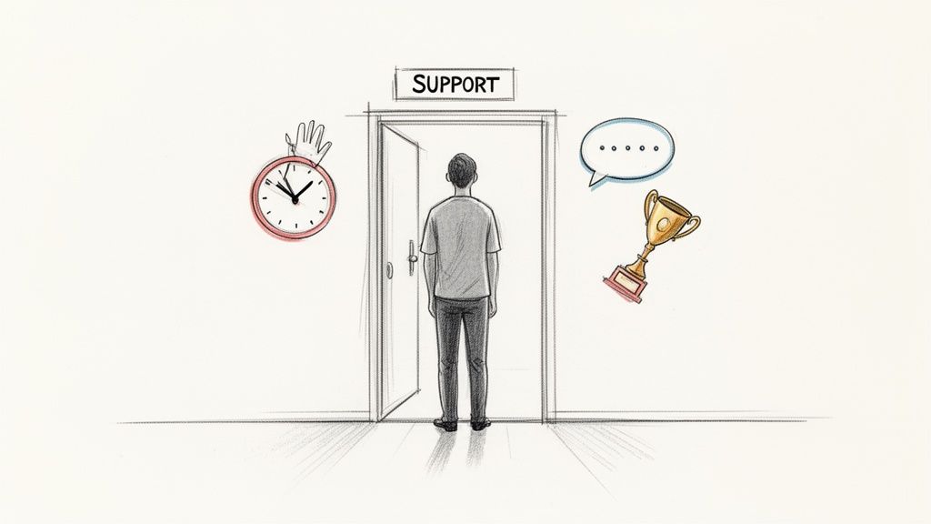 A person stands before an open door labeled 'SUPPORT', with symbols of time, communication, and achievement.
