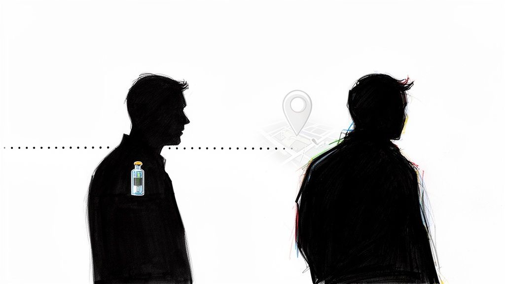 Two men silhouettes, one wearing a scent-emitting device, the other located by a map pin.