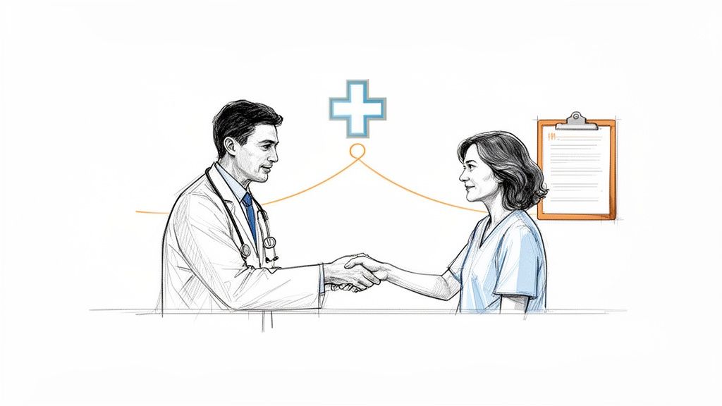 Illustration of a doctor and nurse shaking hands, symbolizing medical collaboration and healthcare.