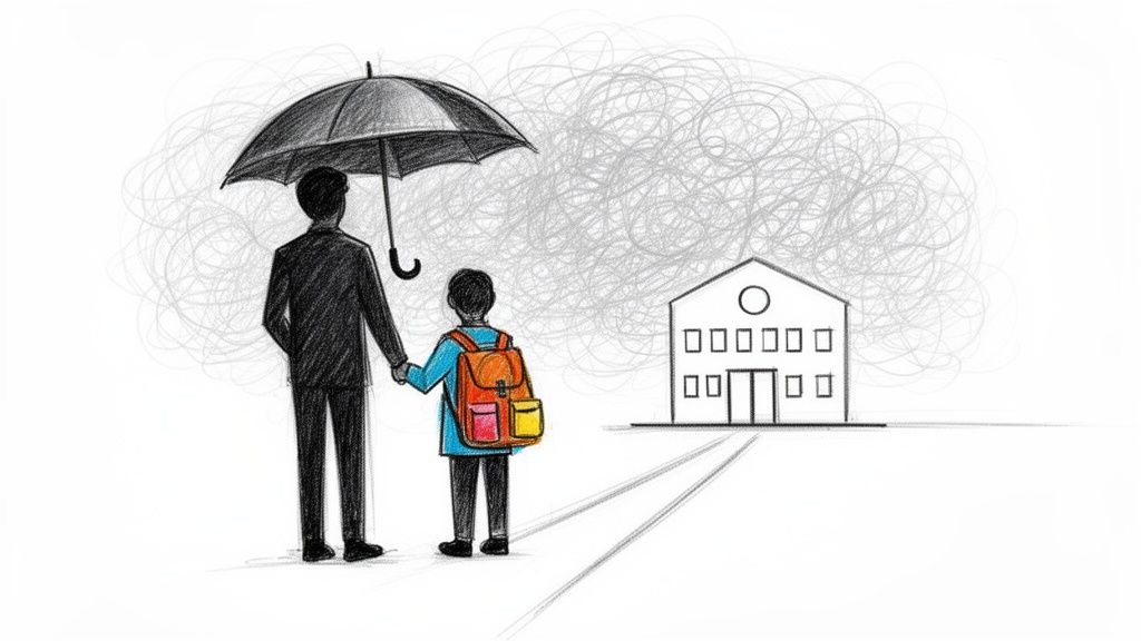 A father shields his child with an umbrella, walking towards a school through a storm of worries.