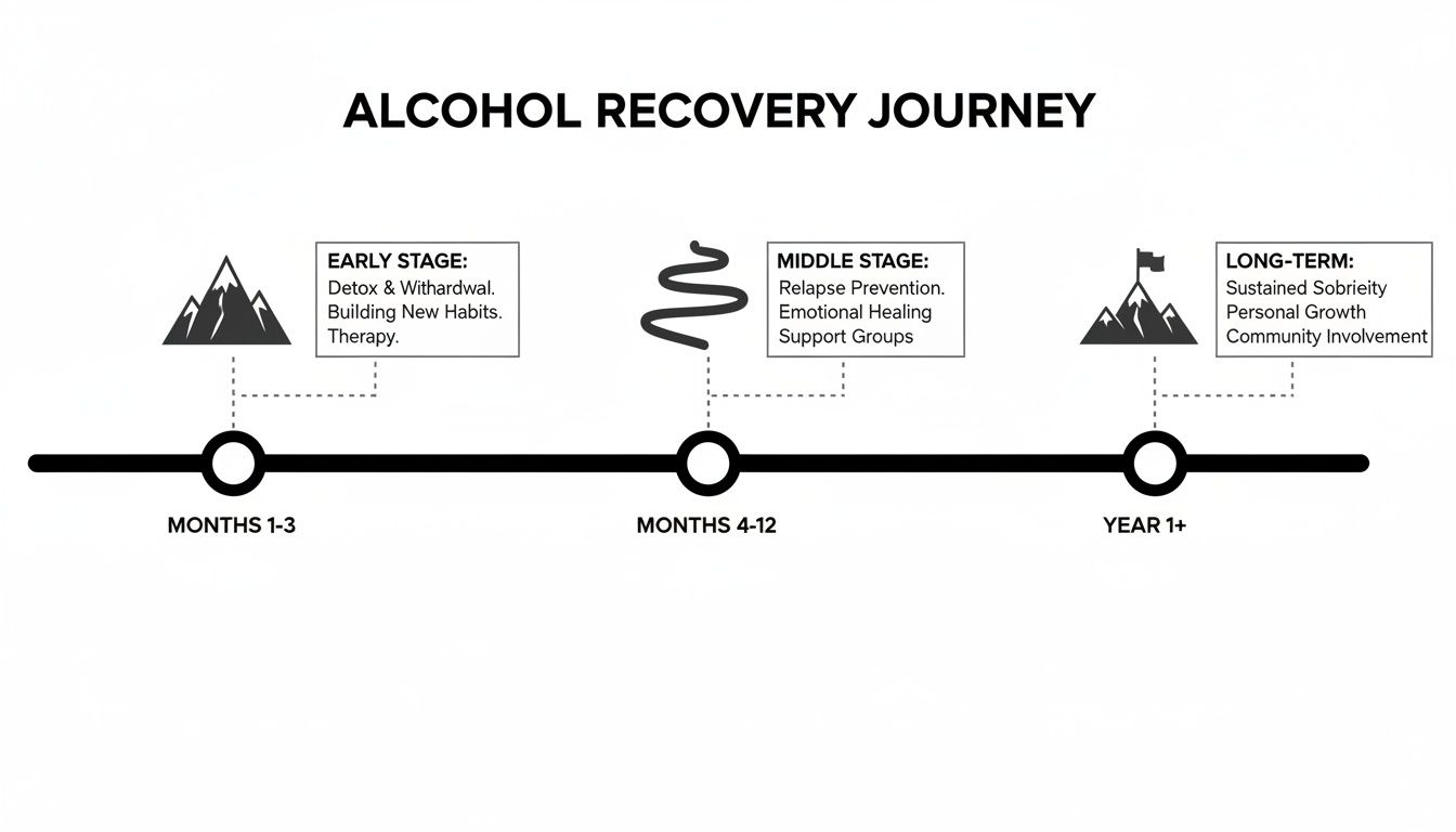 An informative timeline outlining the key stages of an alcohol recovery journey, with durations and details.
