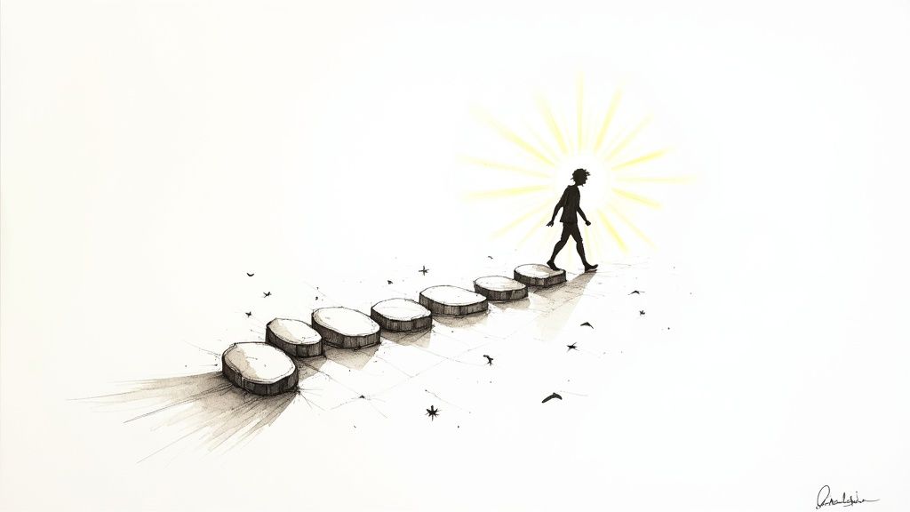 Silhouette figure ascends stepping stones towards a radiating light, symbolizing progress and hope.