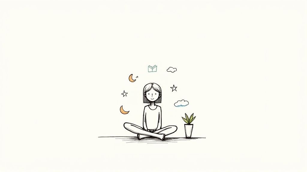 A peaceful sketch of a person meditating, surrounded by moons, stars, clouds, a book, and a plant.