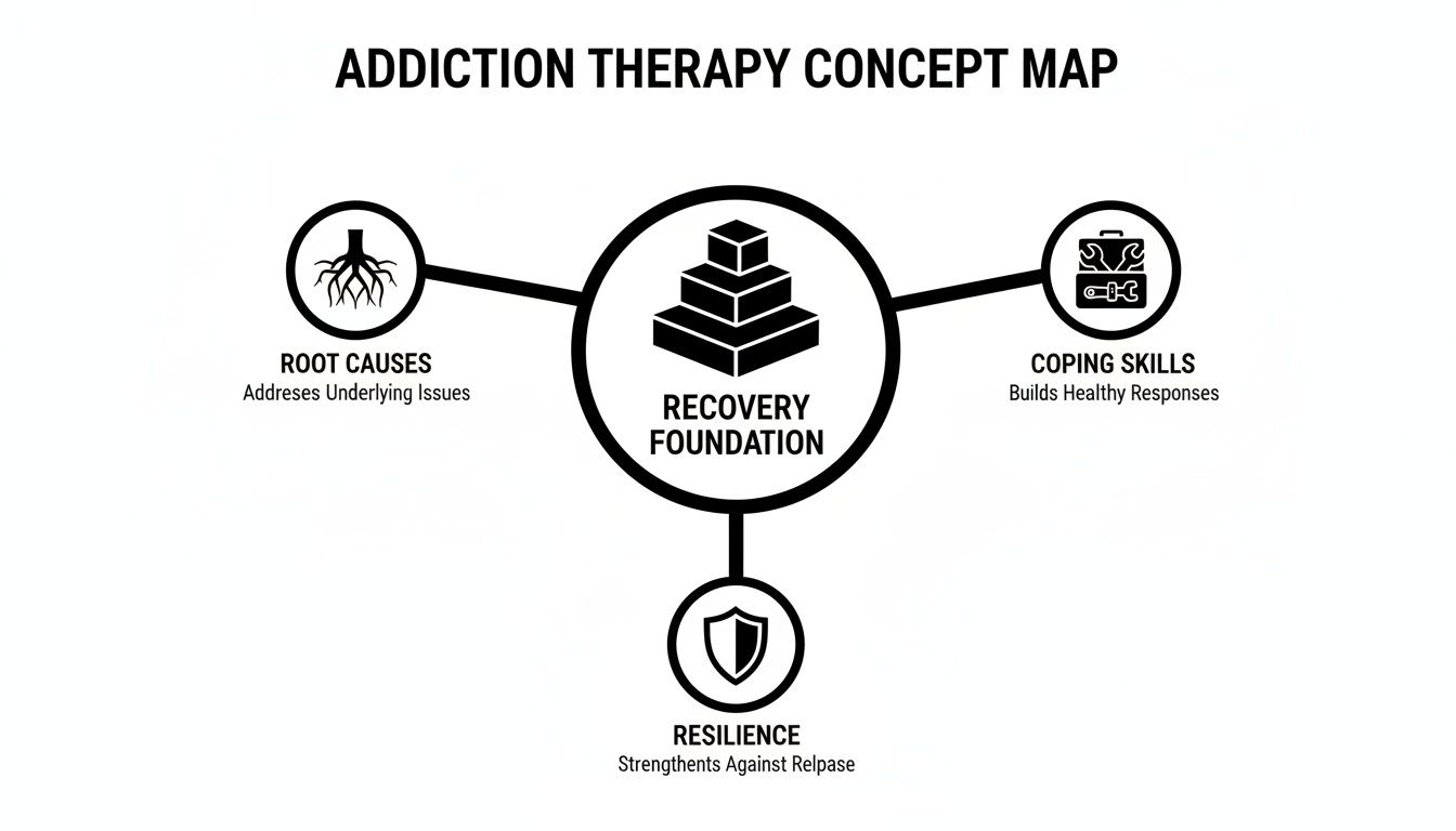 A concept map showing 'Addiction Therapy' with 'Recovery Foundation' at the center, branching to 'Root Causes', 'Coping Skills', and 'Resilience'.