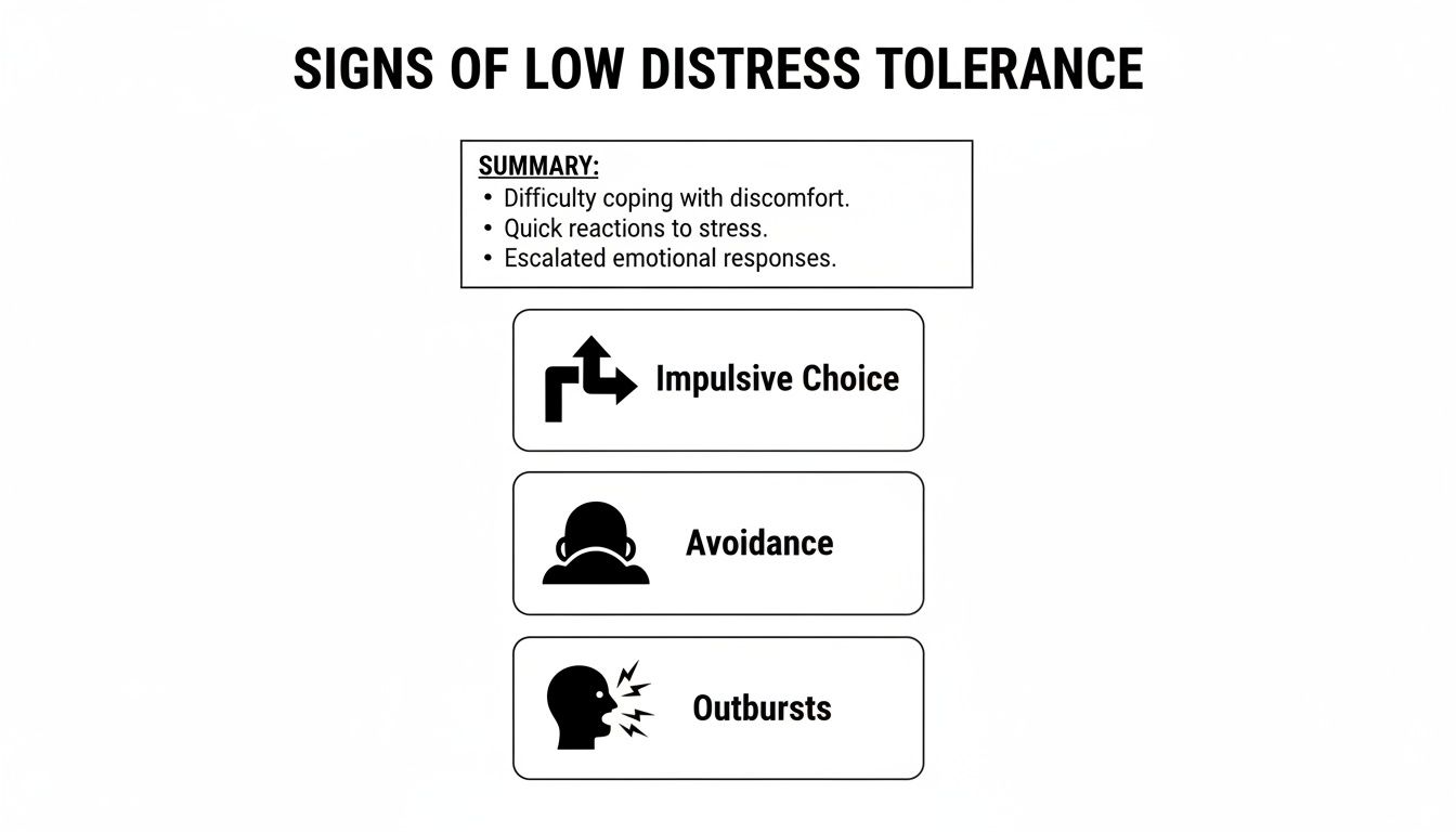 An infographic detailing signs of low distress tolerance including difficulty coping, quick reactions, impulsive choices, avoidance, and outbursts.