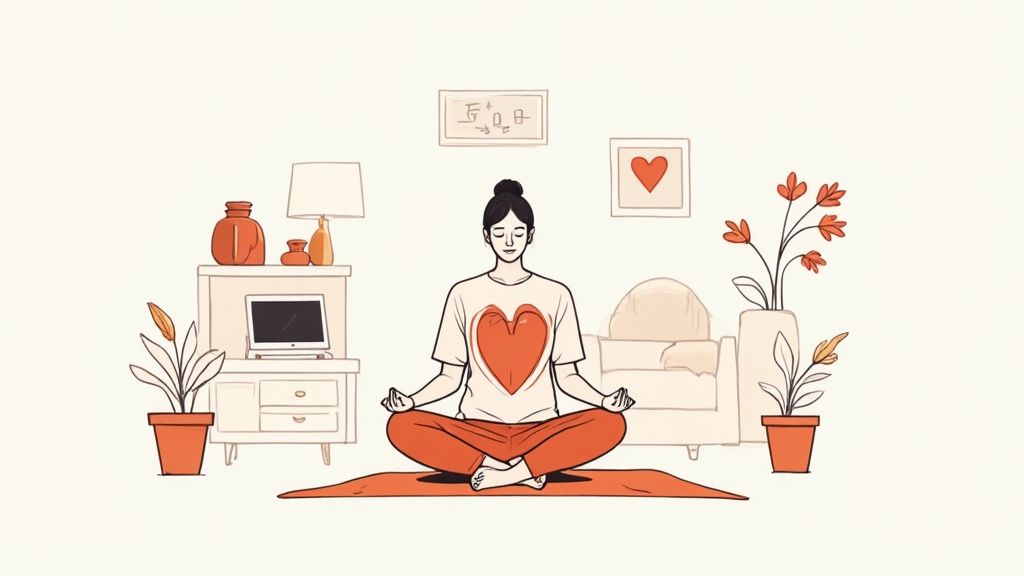 A person doing yoga by a window, representing self-care and finding peace amidst chaos.