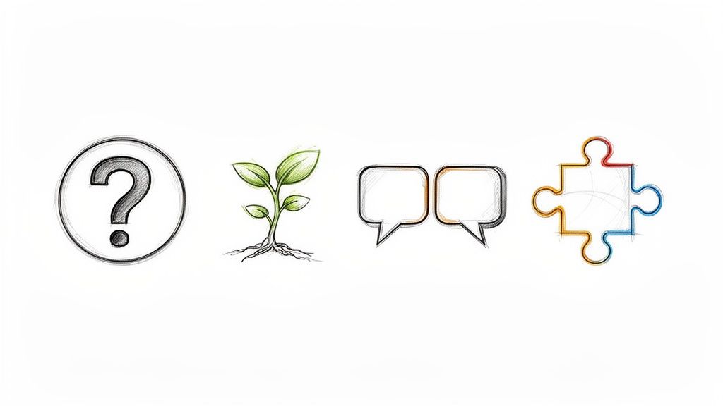 Four hand-drawn icons: a question mark, a green sprout, two speech bubbles, and a puzzle piece.