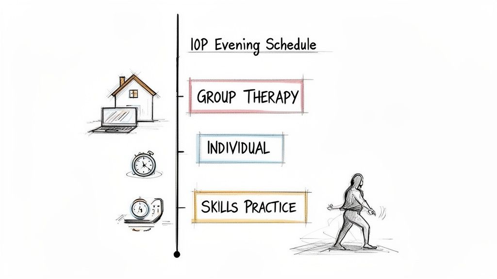 An IOP evening schedule depicting group therapy, individual sessions, and skills practice, with related icons.