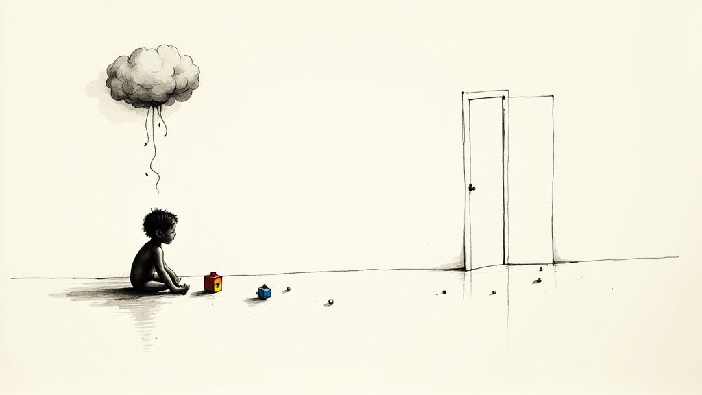 A child sitting alone on a staircase, looking sad and contemplative.