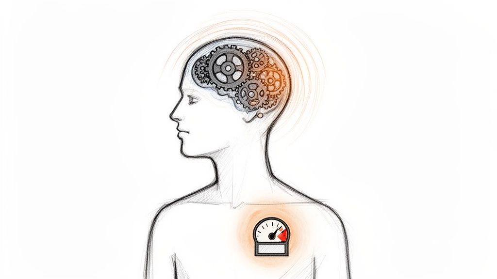 A sketch of a person's head showing gears and a chest gauge in the red, symbolizing high stress.