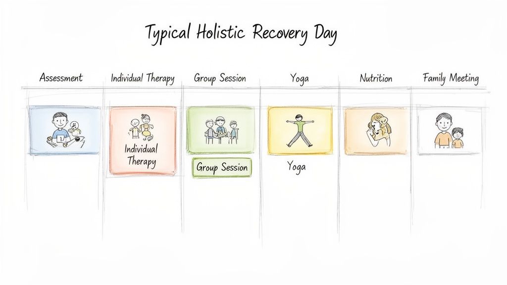 A schedule for a holistic recovery day, illustrated with cartoons of assessment, therapy, yoga, and family time.
