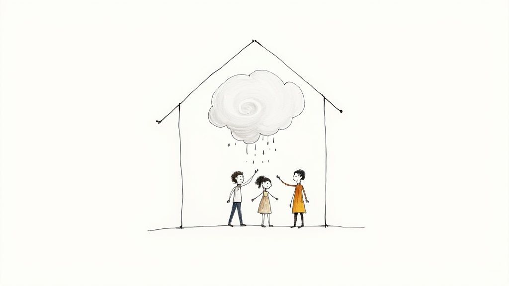 A minimalist drawing of a family, two adults and a child, standing under a raining cloud within a house outline, offering support.