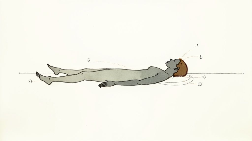 An illustration of a person lying flat on their back, with lines and numbers around their head and feet.