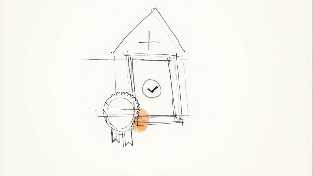 Sketch of a building representing a rehab facility with a checkmark on the door and a certification seal.