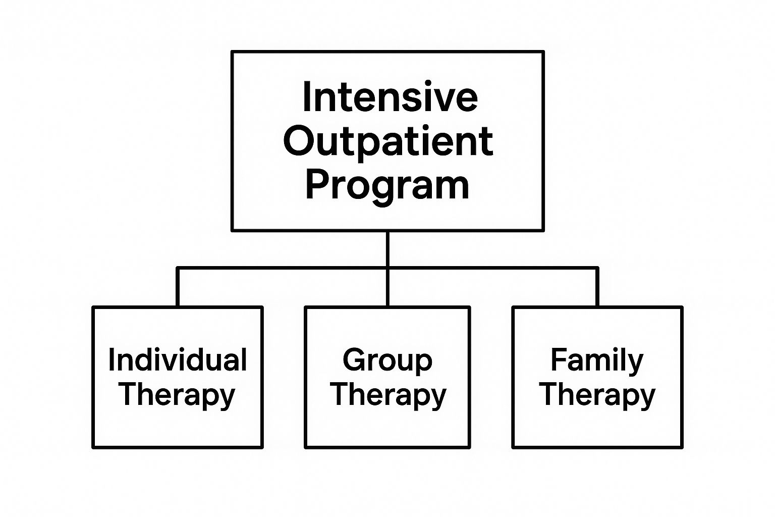 Intensive Outpatient Program diagram illustrating components: Individual Therapy, Group Therapy, Family Therapy, emphasizing structured support for mental health and substance use recovery.