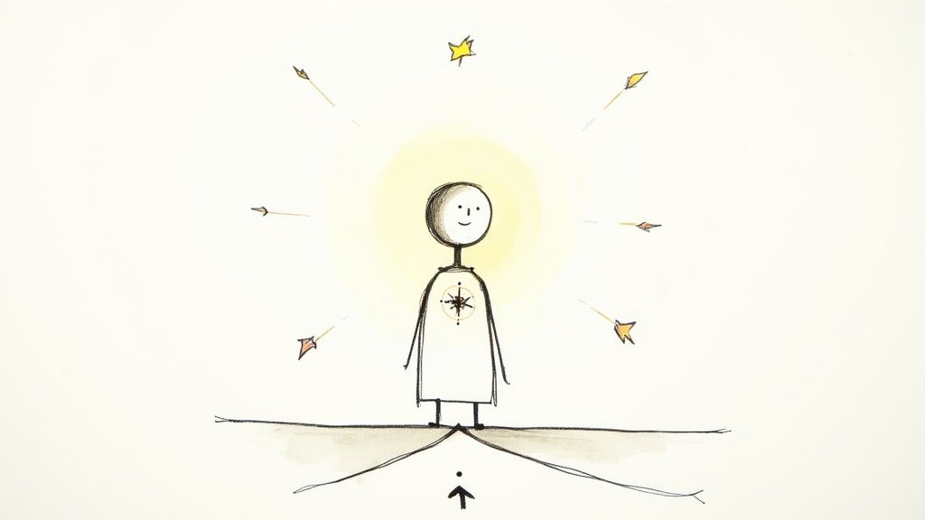 A minimalist smiling figure with a glowing aura, an inner compass, and arrows pointing towards it.