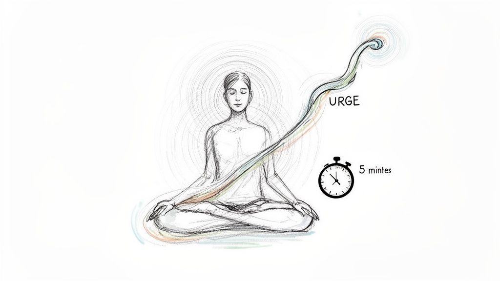 A sketch of a meditating person with a colorful 'URGE' line and a stopwatch indicating '5 minutes'.