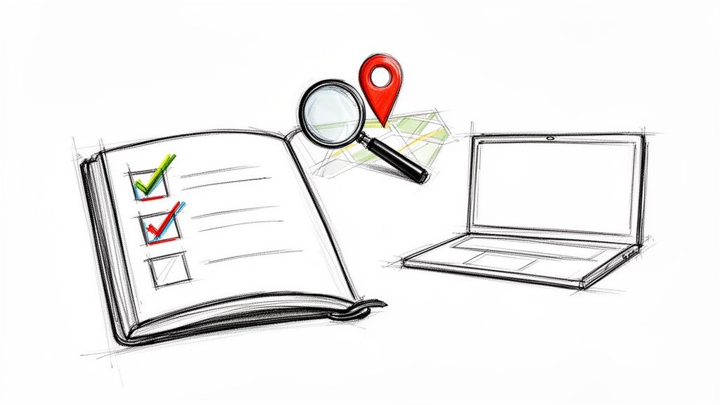 Sketch illustration of a checklist in a book, magnifying glass, map with location pin, and a laptop.