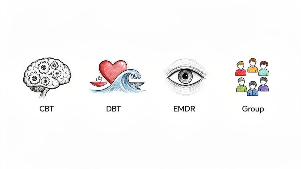 Icons illustrating various therapy types: CBT (brain), DBT (heart/wave), EMDR (eye), and Group (people).