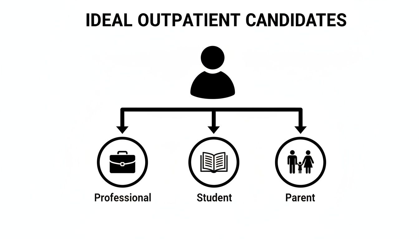 Diagram illustrating ideal outpatient candidates: professionals, students, and parents, represented by icons.