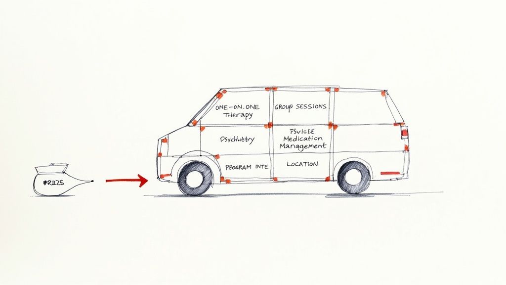 A hand-drawn van illustrates a partial hospitalization program with therapy, psychiatry, and medication management services.