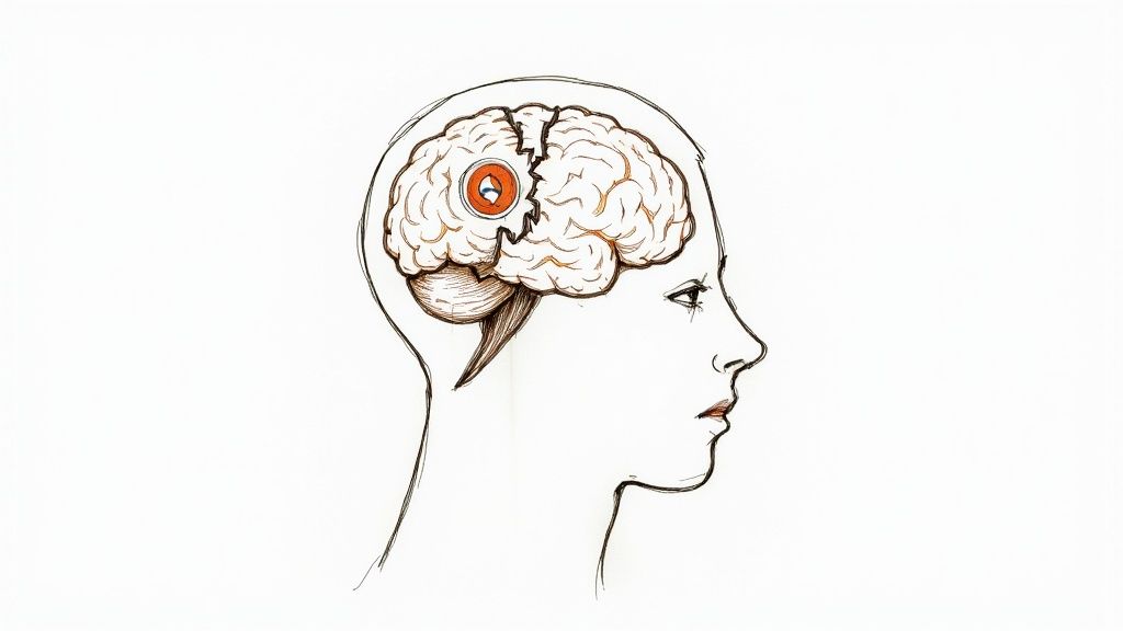 A profile illustration of a human head with a split brain and a gear-eye mechanism.