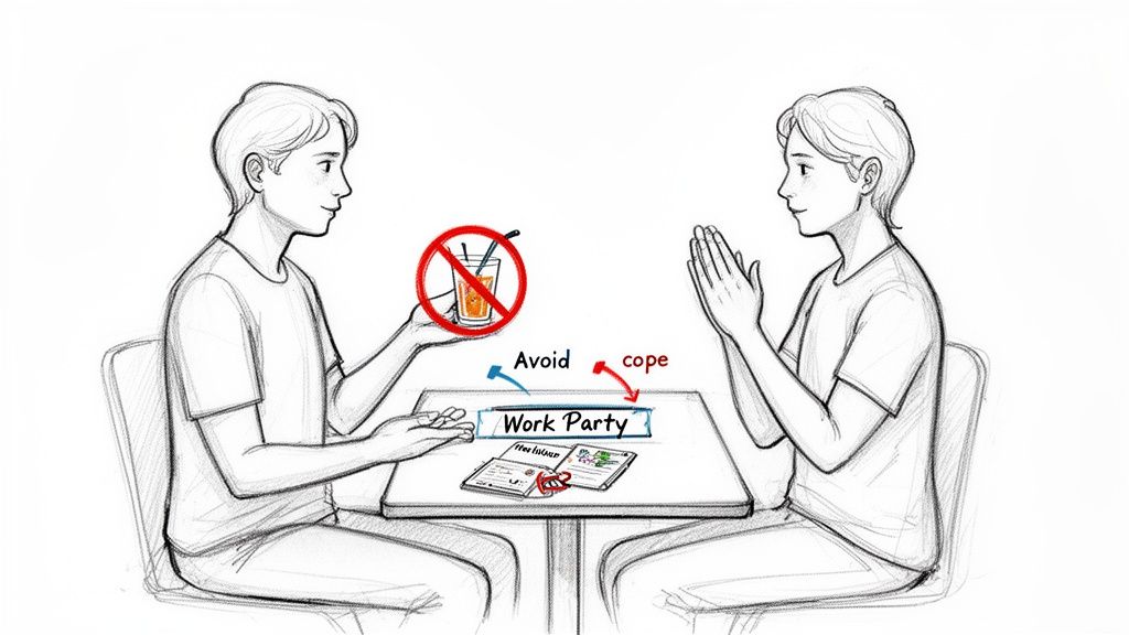 Illustration showing two individuals discussing relapse prevention strategies: avoiding triggers (alcohol) or coping at social events.