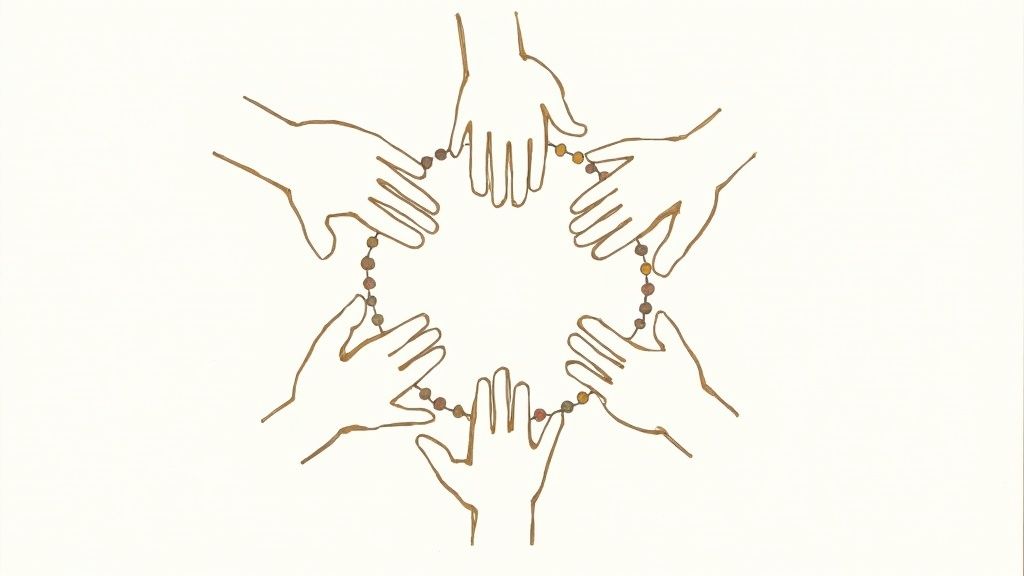 Six brown-outlined hands form a circle, each holding a string of colorful beads.
