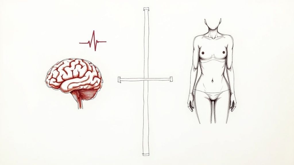 An illustration comparing the human brain and heartbeat (psychological) with a female body (physical) separated by a scale.