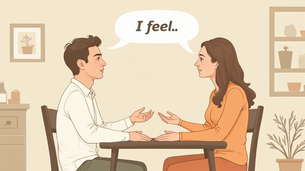 A concerned wife sitting with her husband on a couch, having a serious conversation.