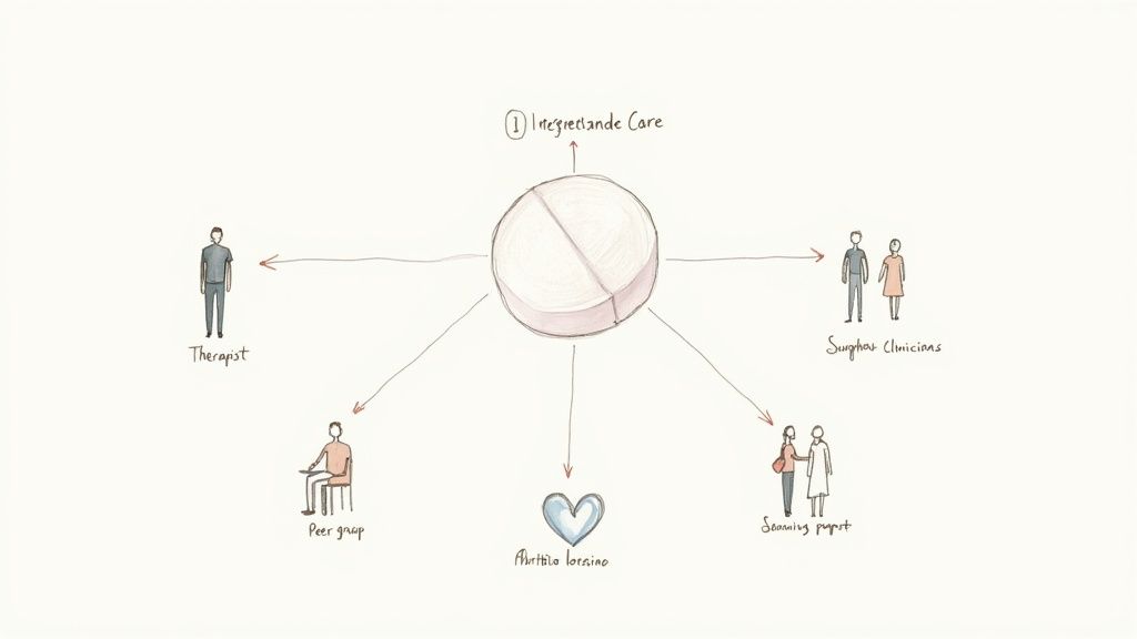 Diagram illustrating 'Integrated Care' (a pill) connected to a therapist, peer group, clinicians, and various support systems.