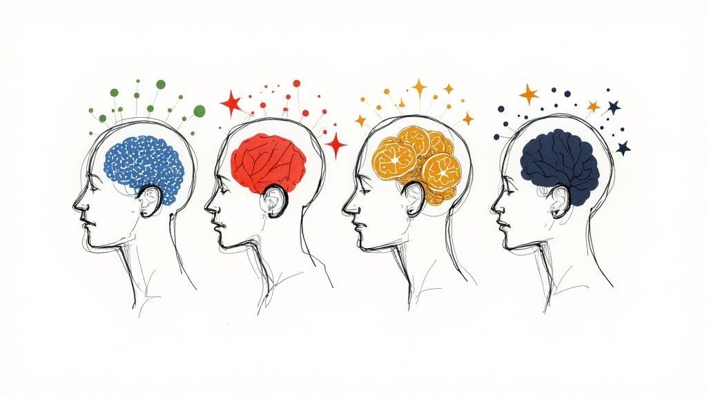 Four diverse human head profiles with distinct colorful brains and associated thought patterns.