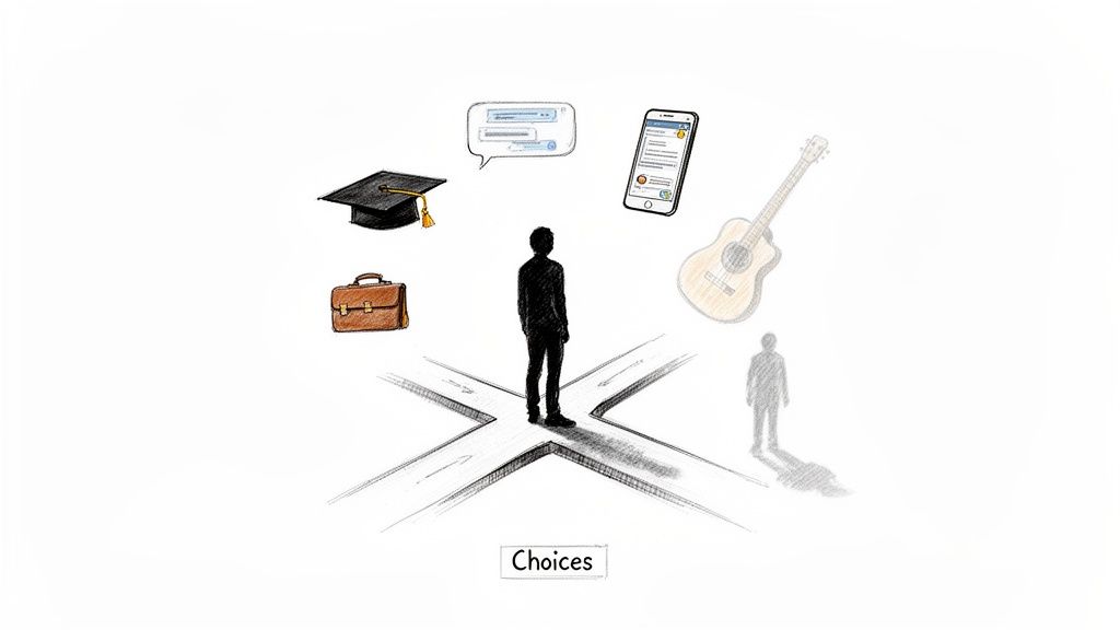 A young adult faces a crossroads, surrounded by symbols of career, education, social life, and hobbies.