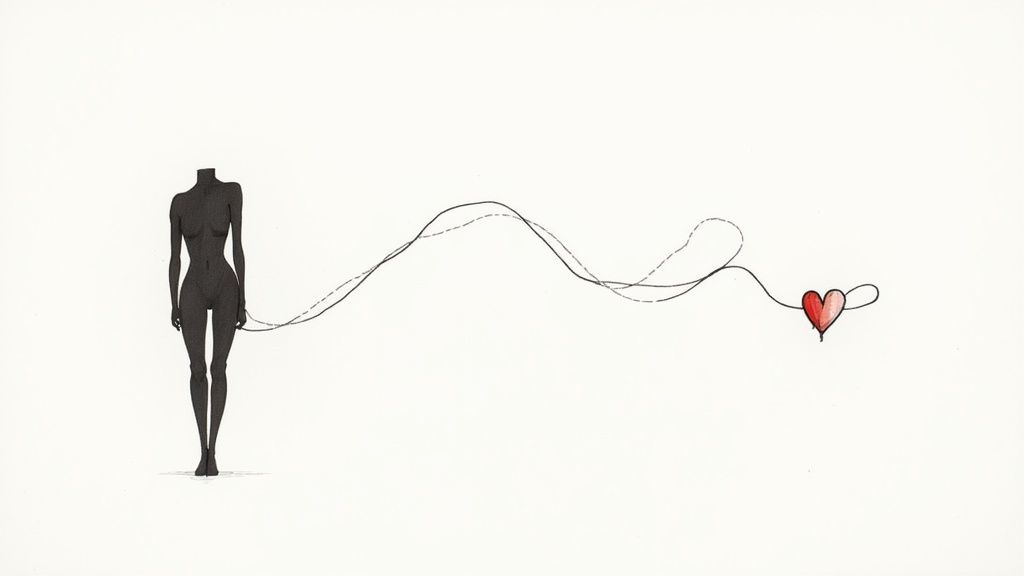 Abstract drawing of a black headless figure connected by a wavy line to a red heart.