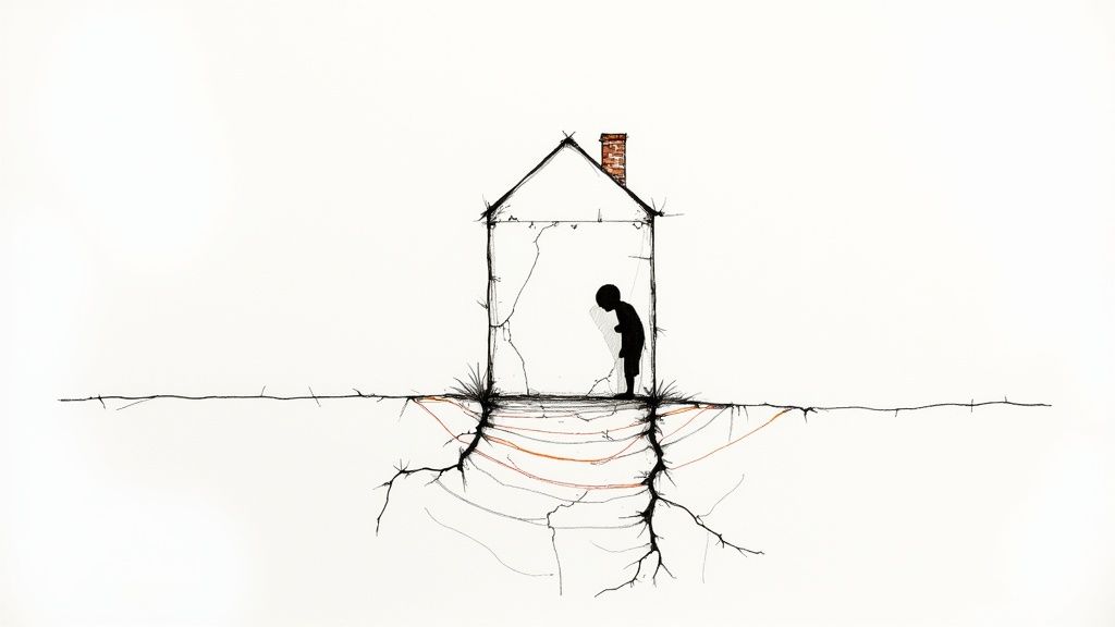Silhouette of person standing in broken house with visible foundation cracks symbolizing trauma