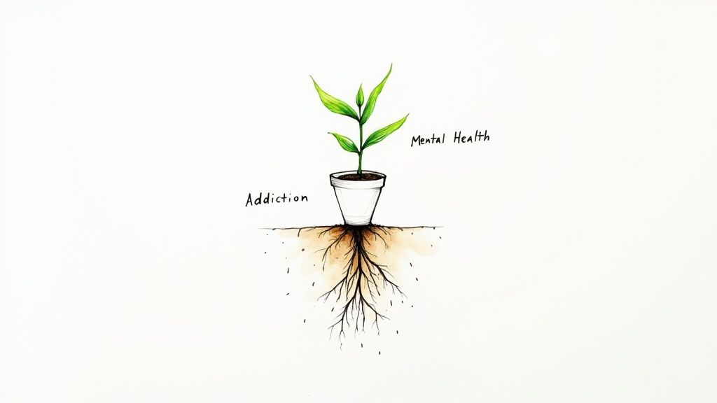An illustration of a potted green plant labeled 'Mental Health' with deep roots labeled 'Addiction' underground.