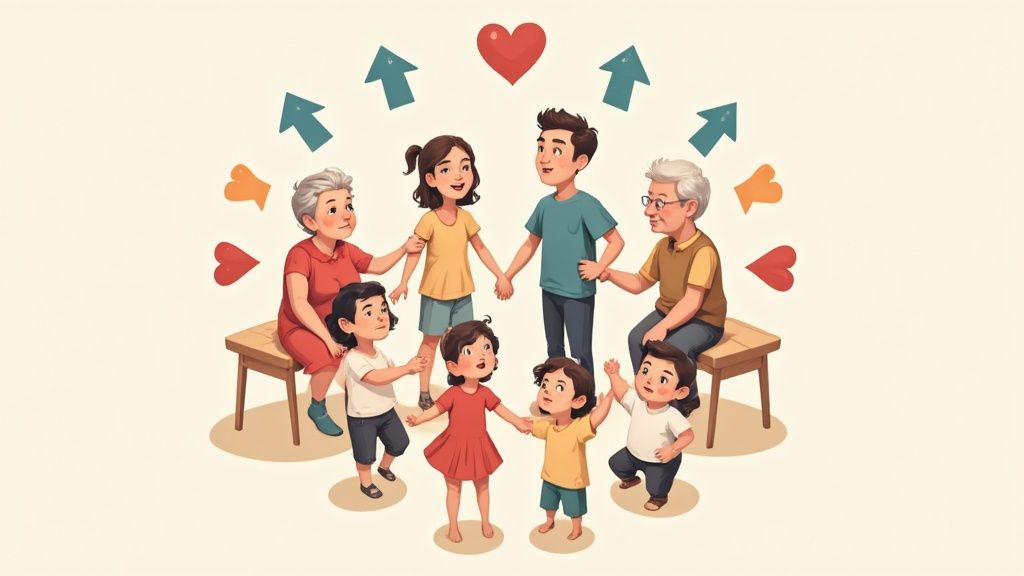 A multi-generational family happily walking together in a park, symbolizing the positive outcomes of healing the family unit.