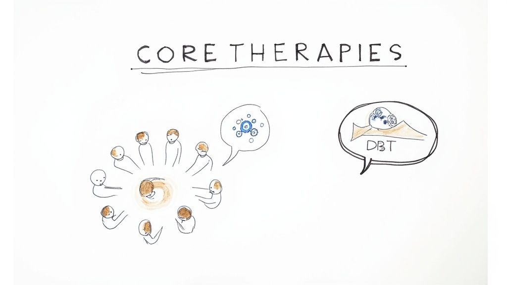 A diverse group of people sitting in a circle during a group therapy session, engaged in discussion.