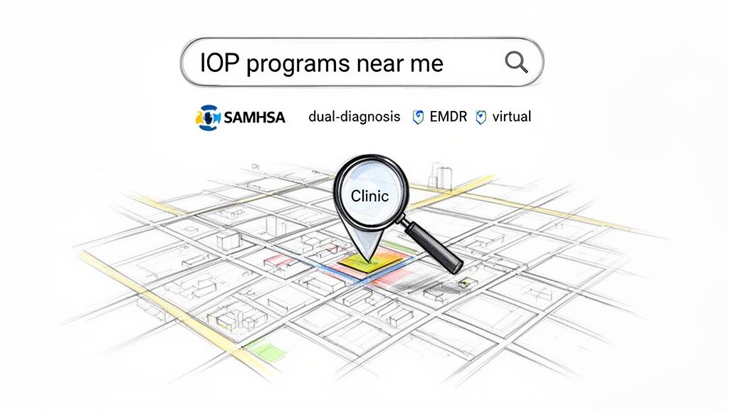 Search results for 'IOP programs near me' on a map, pointing to a clinic with filters.