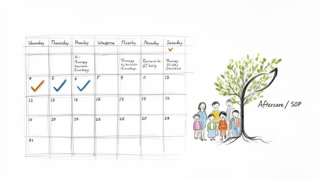 Hand-drawn calendar with therapy appointments and a family under a growth tree, labeled Aftercare/SOP.