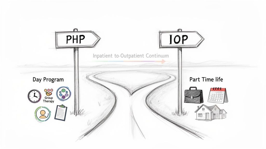 A fork in the road illustrates the Inpatient-to-Outpatient Continuum, comparing PHP (Day Program) and IOP (Part Time life).
