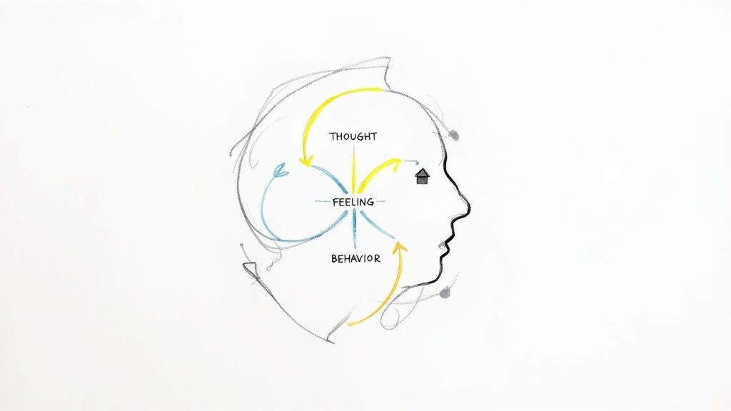 Diagram showing the cyclical relationship between thought, feeling, and behavior in cognitive behavioral therapy
