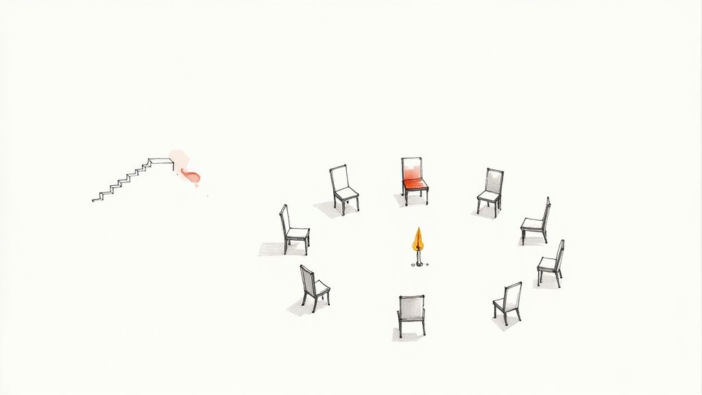 Minimalist drawing of a circle of chairs with one red chair and a candle, next to stairs with a red blob.